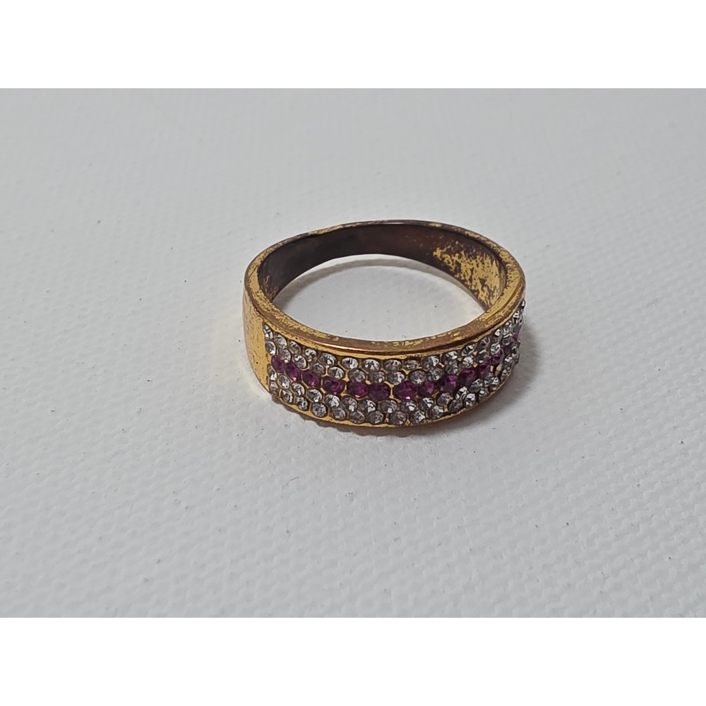 Vintage Gold Tone Pink and Clear Rhinestone Wide Band Ring Size 9 - Picture 3 of 8